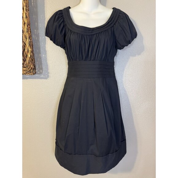 BCBGMaxAzria Dress 4 Small Black Stretch Cotton Puff Short Sleeve Pockets - Picture 4 of 9